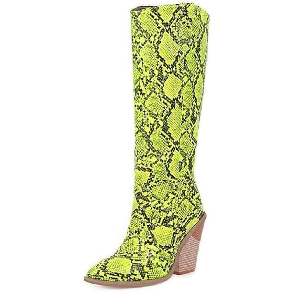 STALOV Snake Print Knee High Boots Chunky Heel Pointy Toe Cowgirl Boots Size 8.5
